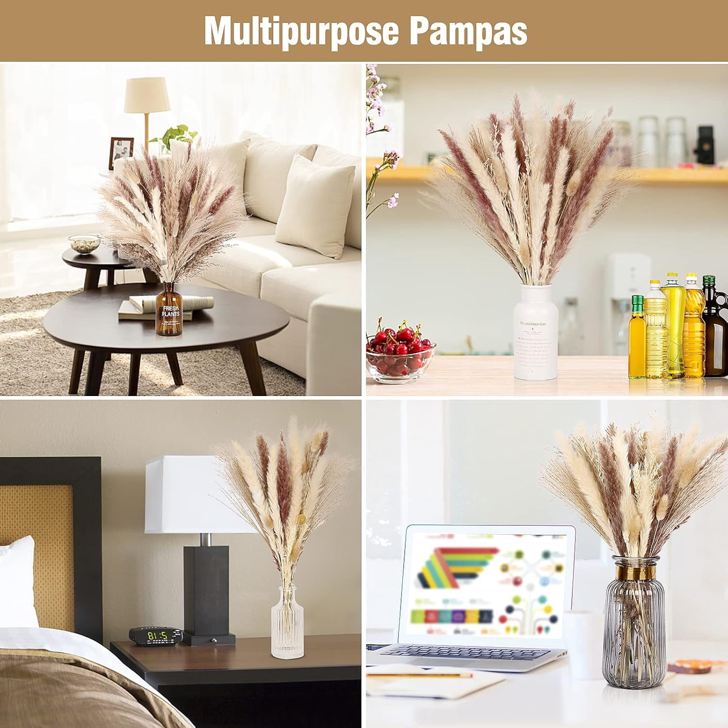 300 Pcs Dried Pampas Grass Decor, Dried Flower Bouquets for Wedding, Home, Centerpiece Table