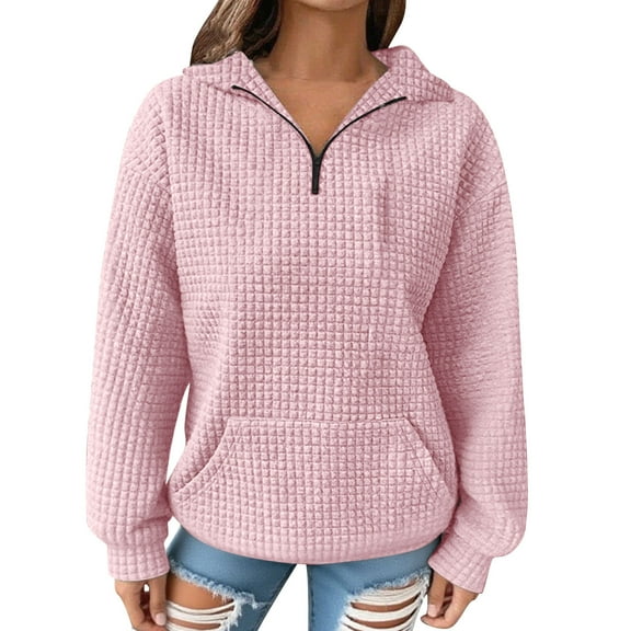 FNFHFY Womens Waffle Knit Pullover Sweatshirts Casual Loose Quarter Zip Up Swetshirt Lapel V Neck Pullovers Fall Comfy Long Sleeve Shirts