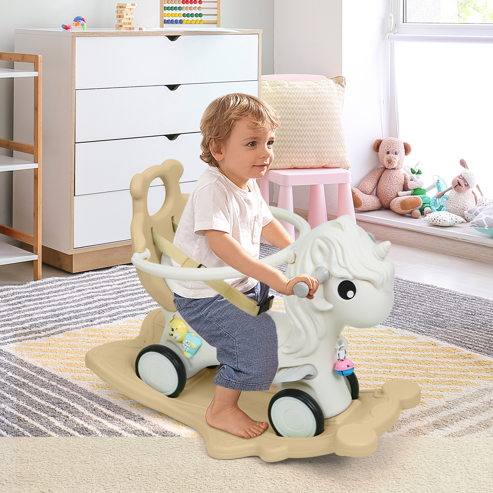Wdmiya 4 in 1 Rocking Horse for Toddlers 1-3 Years Old, Baby Unicorn Rocking Toy Birthday Gift for Boy and Girl, Ride on Toy with Detachable Balance Board，Balance Bike with Push Handle, Khaki