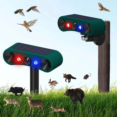 2-Pack Solar Ultrasonic Animal Repeller with Motion Sensor, 130dB Siren & Strobe Lights, 4 Modes, IP55 Waterproof for Outdoor – Deters Deer, Raccoons, Cats, Dogs, Squirrels from Yard, Garden, Farm