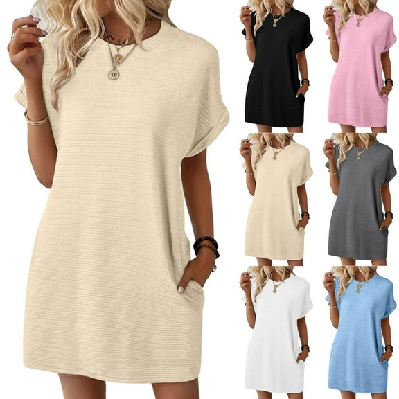 Up to 65% Off Women Casual Summer Dresses Women Fashion Casual Round-Neck Summer Printing Short Sleeve Seaxy Dress