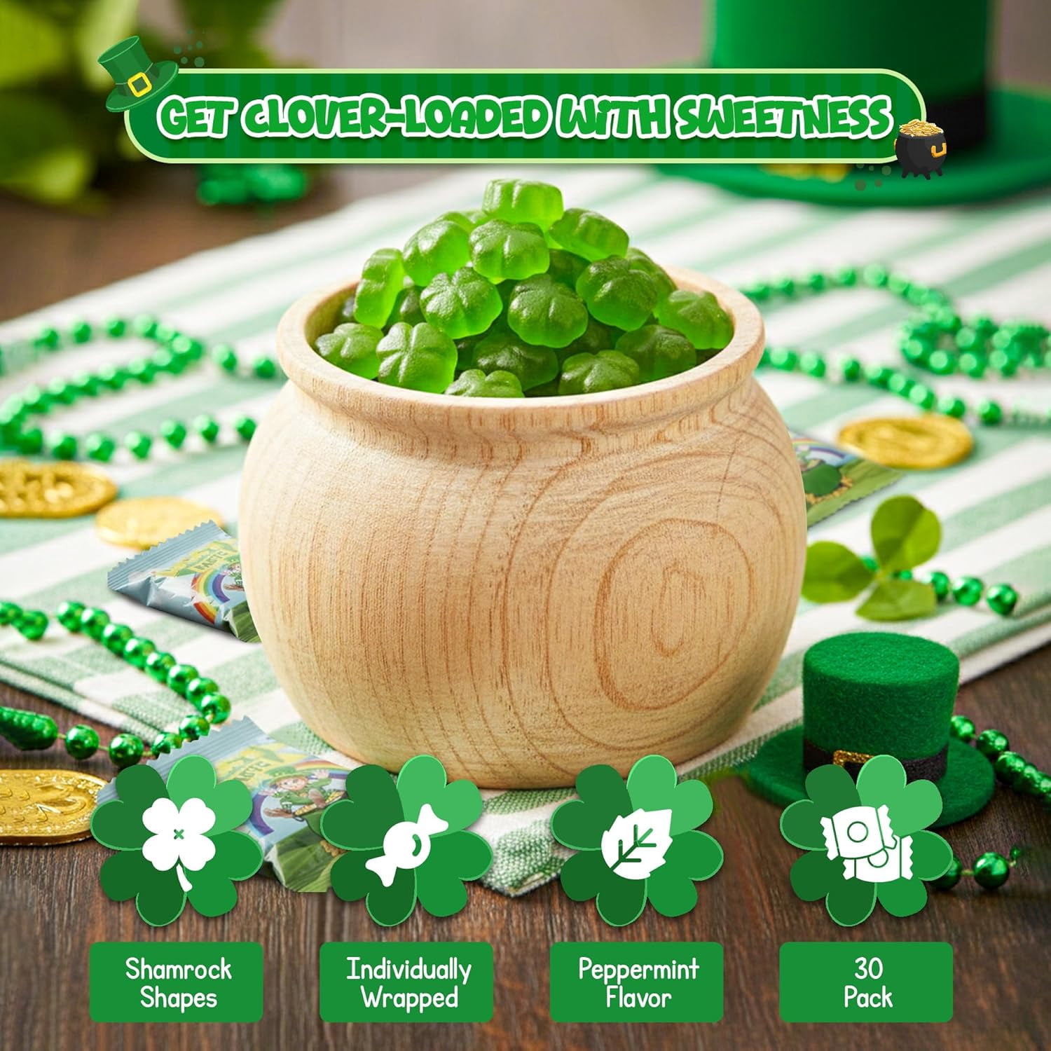 4E's Novelty St. Patrick's Day Lucky Farts Shamrock Gummies - 30 Individually Wrapped Bags (5 Pieces Each) Hilarious Green Gummy Candy