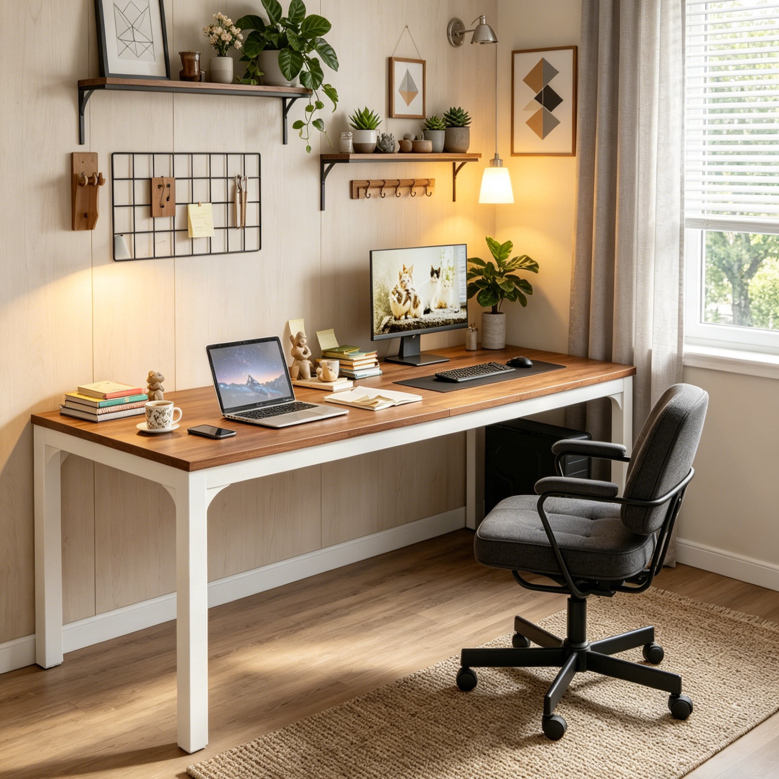 Fnova 78.7" Modern Computer Desk with Wood Desktop, Metal Frame Office Desk, Brown White