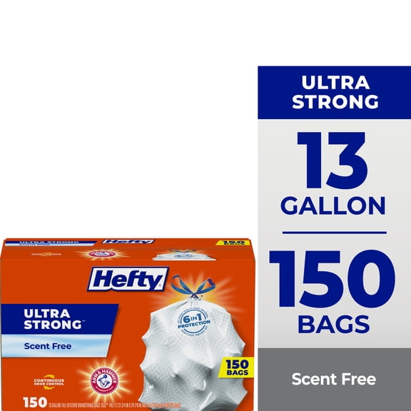 Hefty Ultra Strong 13 Gallon Trash Bags, Tall Kitchen Trash Bags, White, Unscented, 150 Bags
