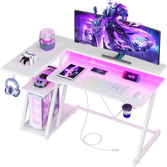 40 Inch L Shaped Gaming Desk with Power Outlets, RGB LED Lights, 3-Tier Storage Shelves, and Monitor Stand – Fiber-Textured White Desk for Small Spaces