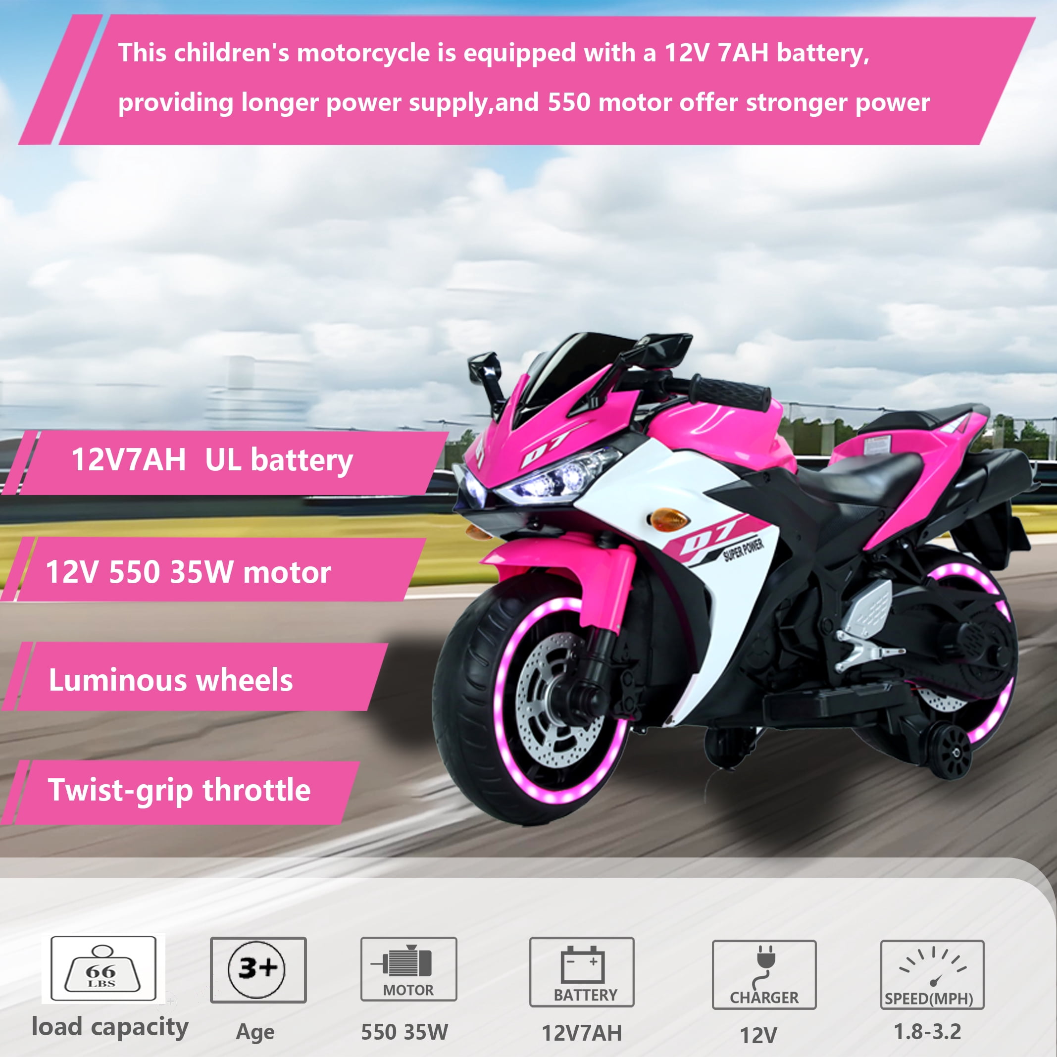 TAMCO Electric Motorcycle  Luminous Wheel, 12V, 3-8 Years, 3 MPH, Bluetooth Enabled, 46L x 26W x 20H Inch