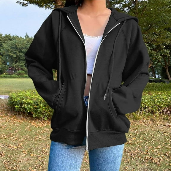 Sriper Women's Zip Up Hoodie Sweatshirt, Long Sleeve Pockets Pullover, Casual Fall Work Wear, Fleece Lined Warm Top, Stylish Streetwear, Sudaderas Para Mujer Black S