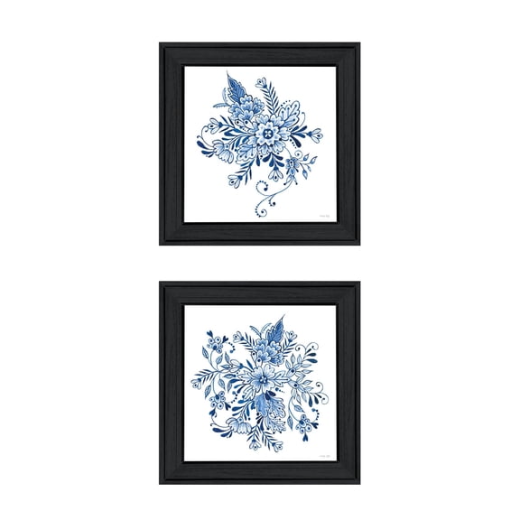 Trendy Decor 4U "Delph Designs of Blue and White Florals" Framed Wall Art for Living Room, Wall Art Print for Home Decor, Bedroom Wall Art by Cindy Jacobs