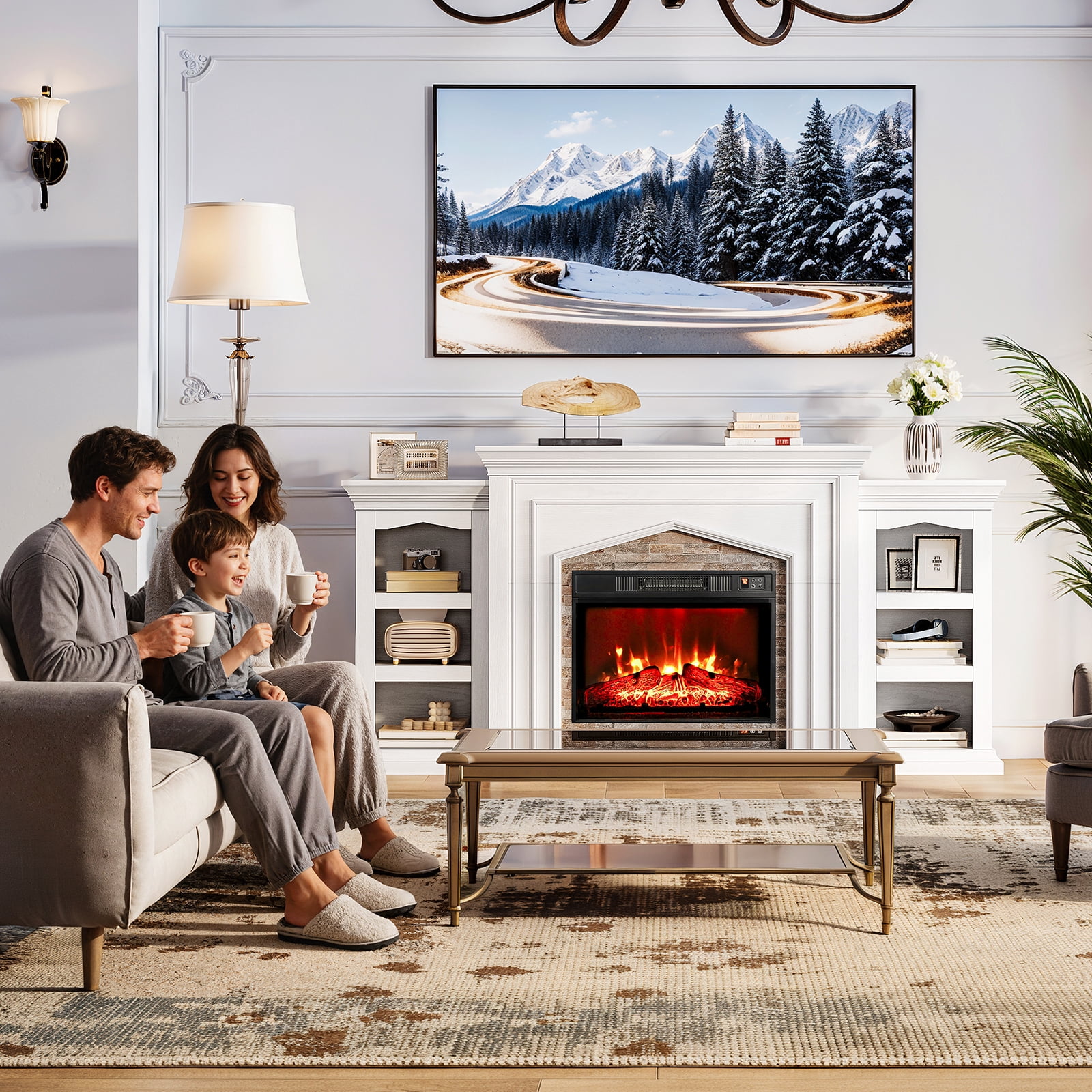 LGHM 80" Fireplace TV Stand with Storage & Bookshelves, Electric Fireplace with Mantel, Farmhouse Entertainment Center for TVs up to 90", White