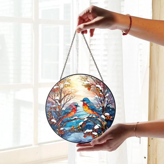 Eastern Bluebirds Winter Wonderland Stained Glass Suncatcher, Stained Glass Birds, Stained Glass Hanging, Indoor Decor,wall Hanging Ornament