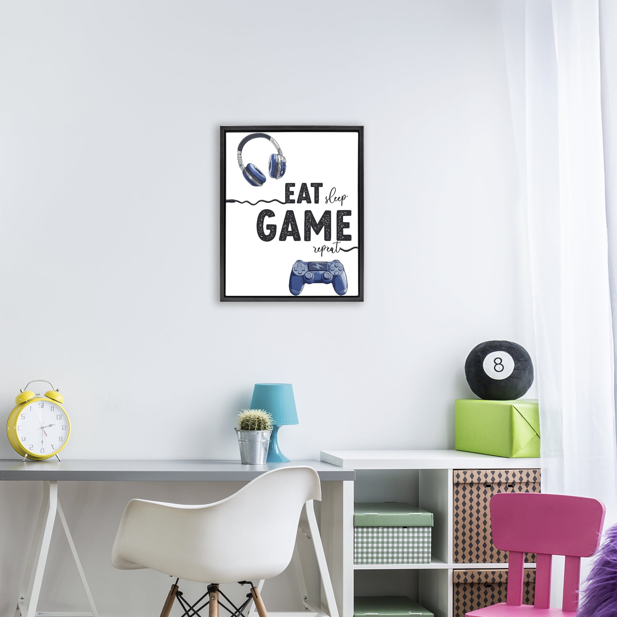 Eat Sleep Game Lifestyle Black Framed Floater Canvas Wall Art, design by Christine Simpson Art
