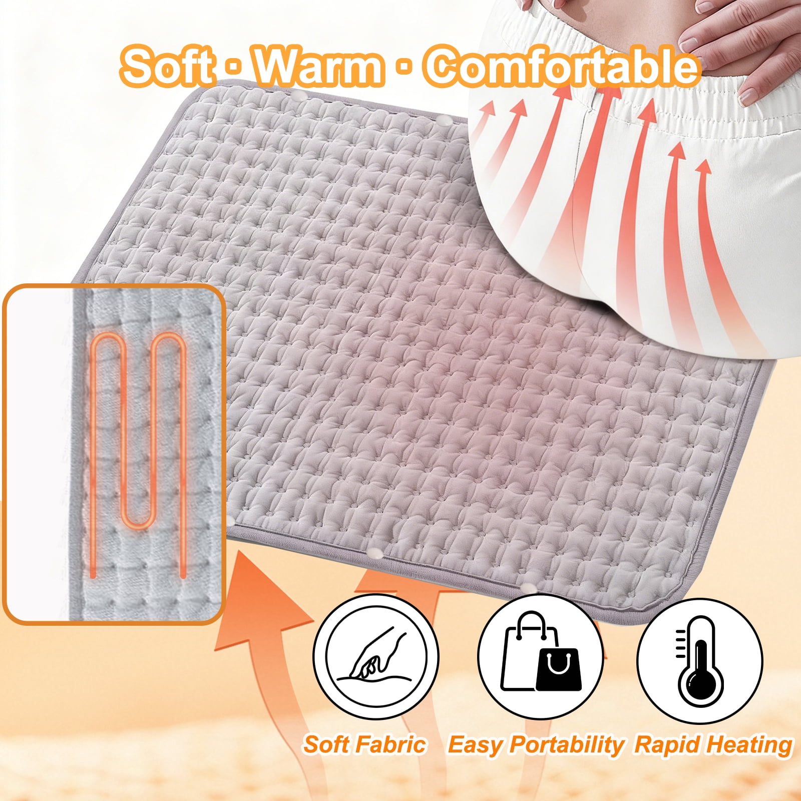 Electric Heating Pad for Period Cramps & Lower Back Pain - 24"x12" Size, 9 Customizable Heat Settings, Auto Shut-Off, Machine Washable for Targeted Relief, Gray