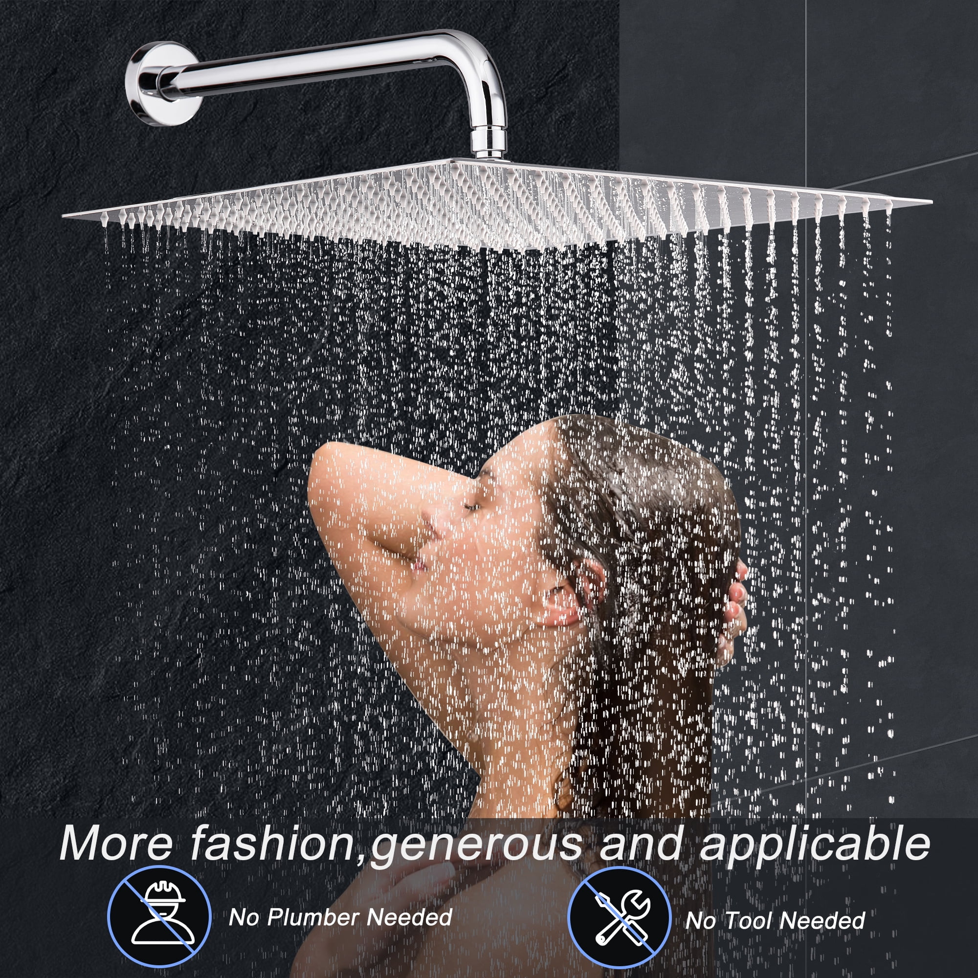 ALWEN 16 Inch Rain Shower Head Chrome, Square Ultra Thin 304 Stainless Steel High Pressure Shower Head, Large Size Rainfall Shower Head, Full Body Coverage Modern Waterfall Shower Head