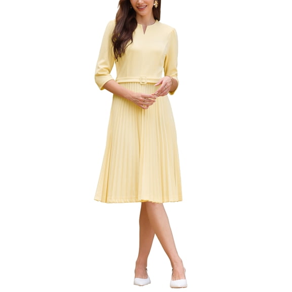 INSPIRE CHIC Women's Pleated Dress 3/4 Sleeve V Neck Belted 2026 Elegant Work A-Line Dresses S Light Yellow