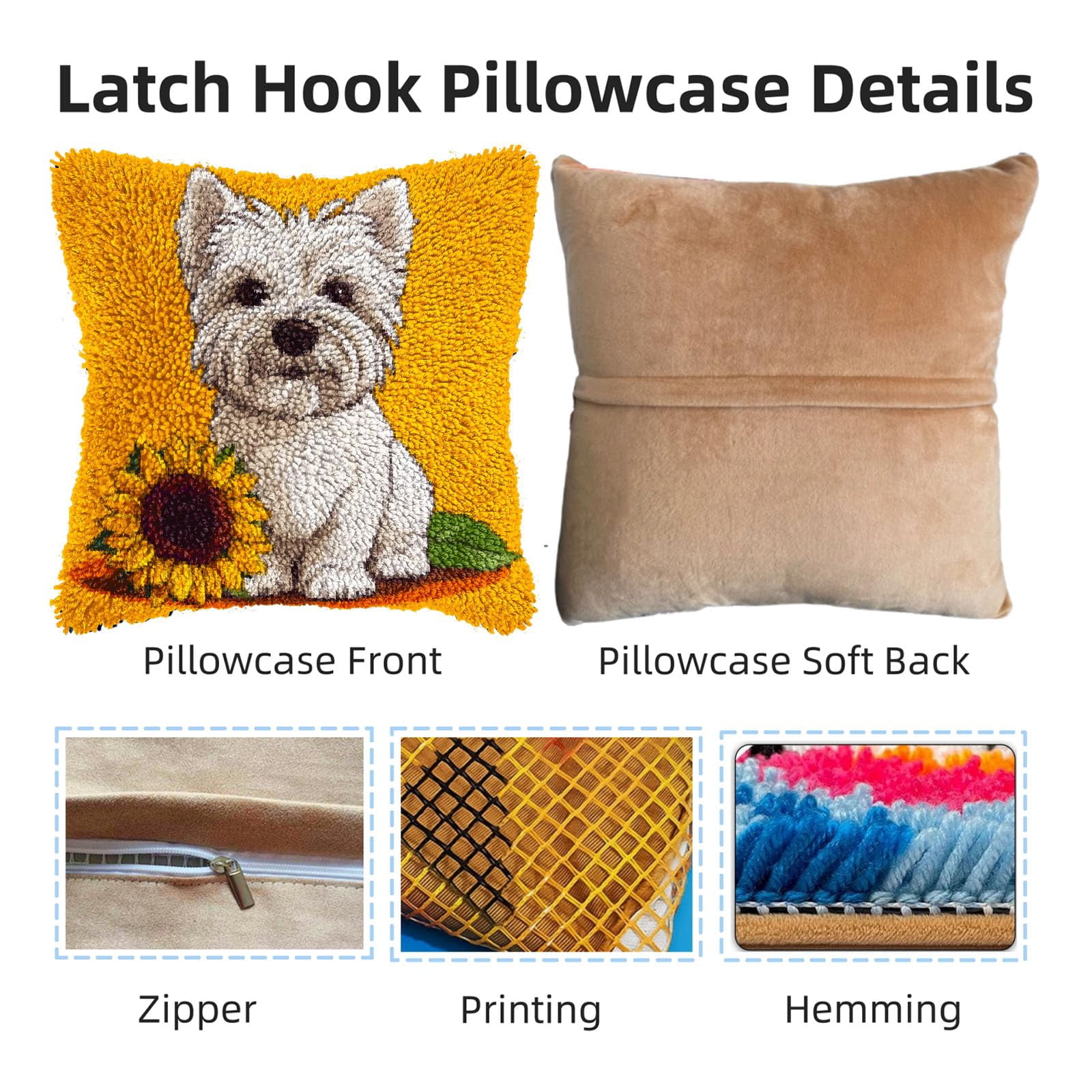 DIY Latch Hook Pillow Kits for Adults Cute West Highland Terrier Dog Printed Pillowcase Crochet Yarns Hooking Handmade Pillow Cover Cushion for Home Sofa Decoration 17x17inch-50