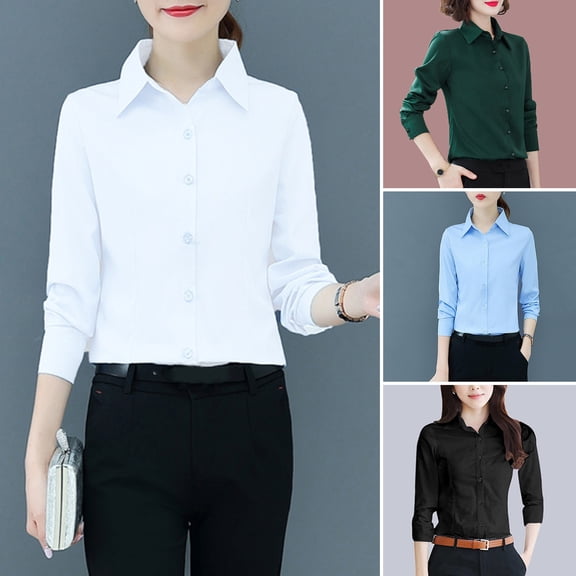 ZenCart Women Shirt Lapel Long Sleeve Button Placket Shirt Tops Solid Color Slim Fit Business Office Shirt Workwear