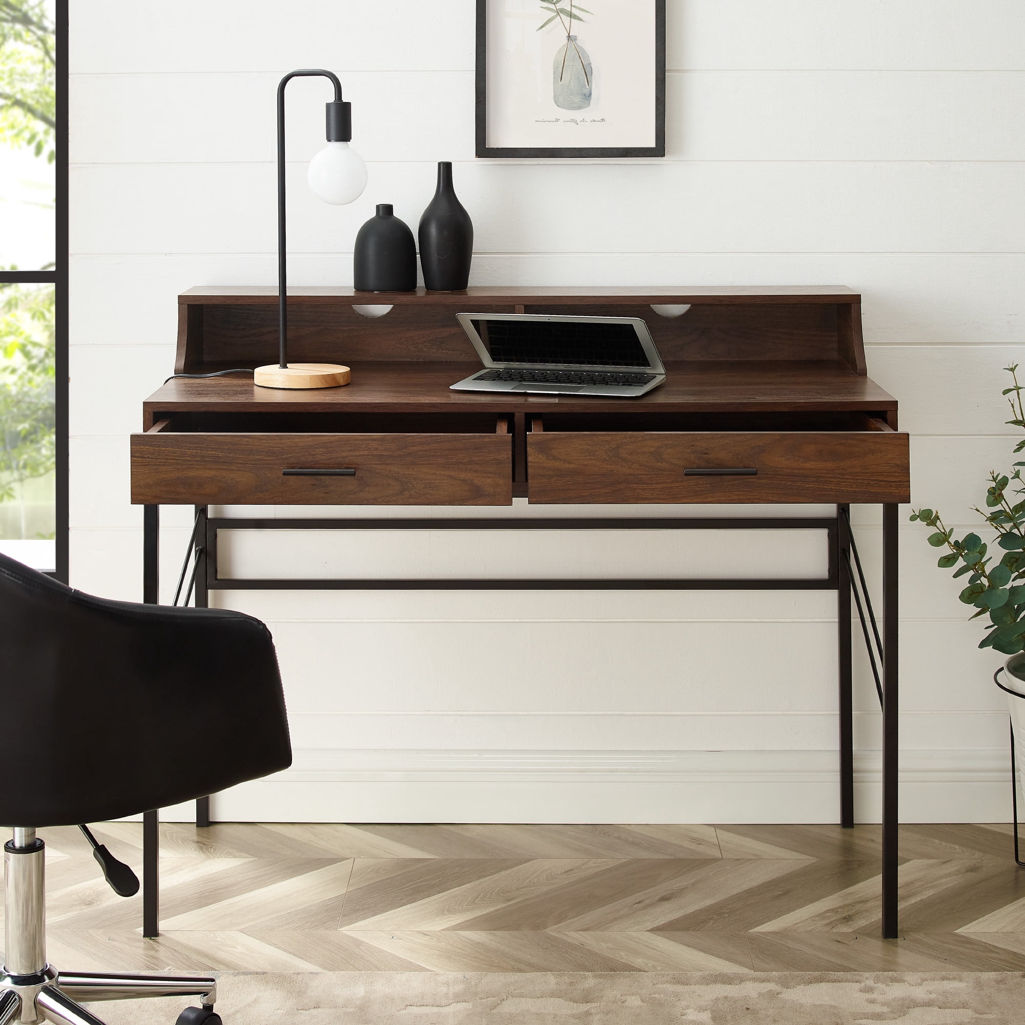 Manor Park Modern Eclectic 2 Drawer Hutch Desk, Dark Walnut