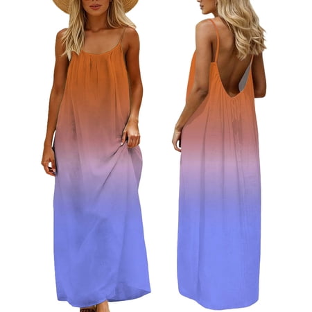asdoklhq Summer Dresses for Women Midi Dresses Summer Dress for Women Fashion Sleeveless Backless Cami Dresses Spaghetti Strap Flowy Long Sundress withback Purple XL