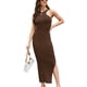 thumbnail image 1 of Vestido con abertura alta para mujer Vestido largo de punto con hombros descubiertos para mujer Vestido largo de punto con hombros descubiertos para fiesta y fecha Marrón L, 1 of 5