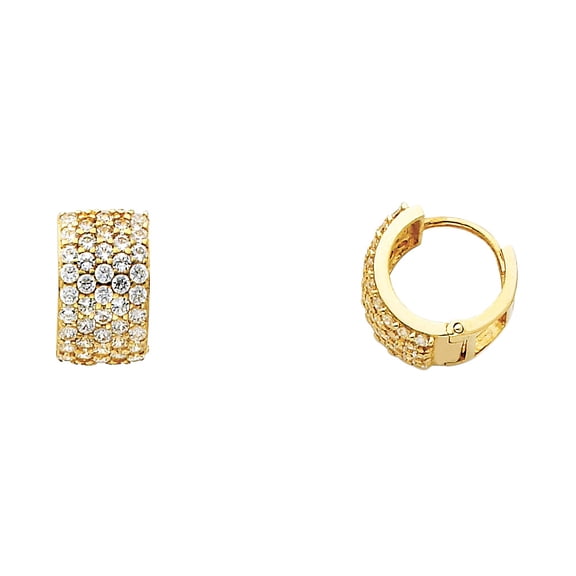 Solid 14k Yellow Gold Huggie Hoop Earrings CZ Huggies Wide Round Five Row Pave Polished Fancy 13 mm
