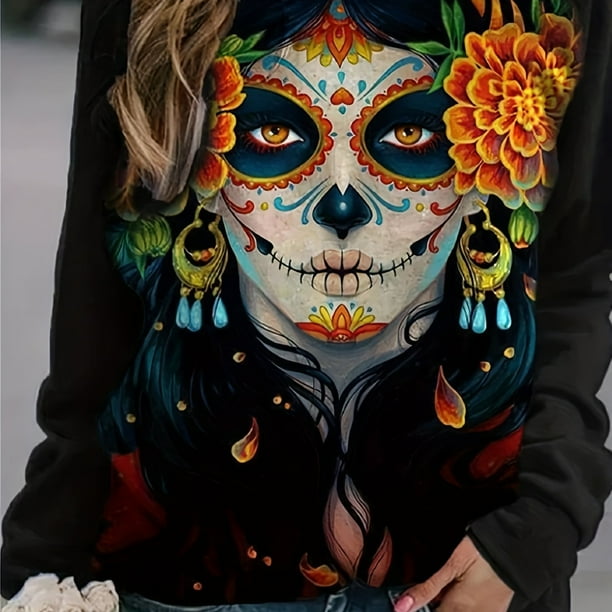 Women's Plus Size Halloween Skull Print Sweatshirt - Comfortable and Stylish Long Sleeve Sweatshirt