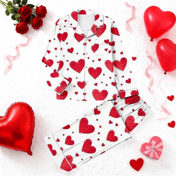 FDGIU Women's Valentine's Day Pajama Set - Long Sleeve Heart Print Top & Casual Pants Soft 2 Piece Sleepwear