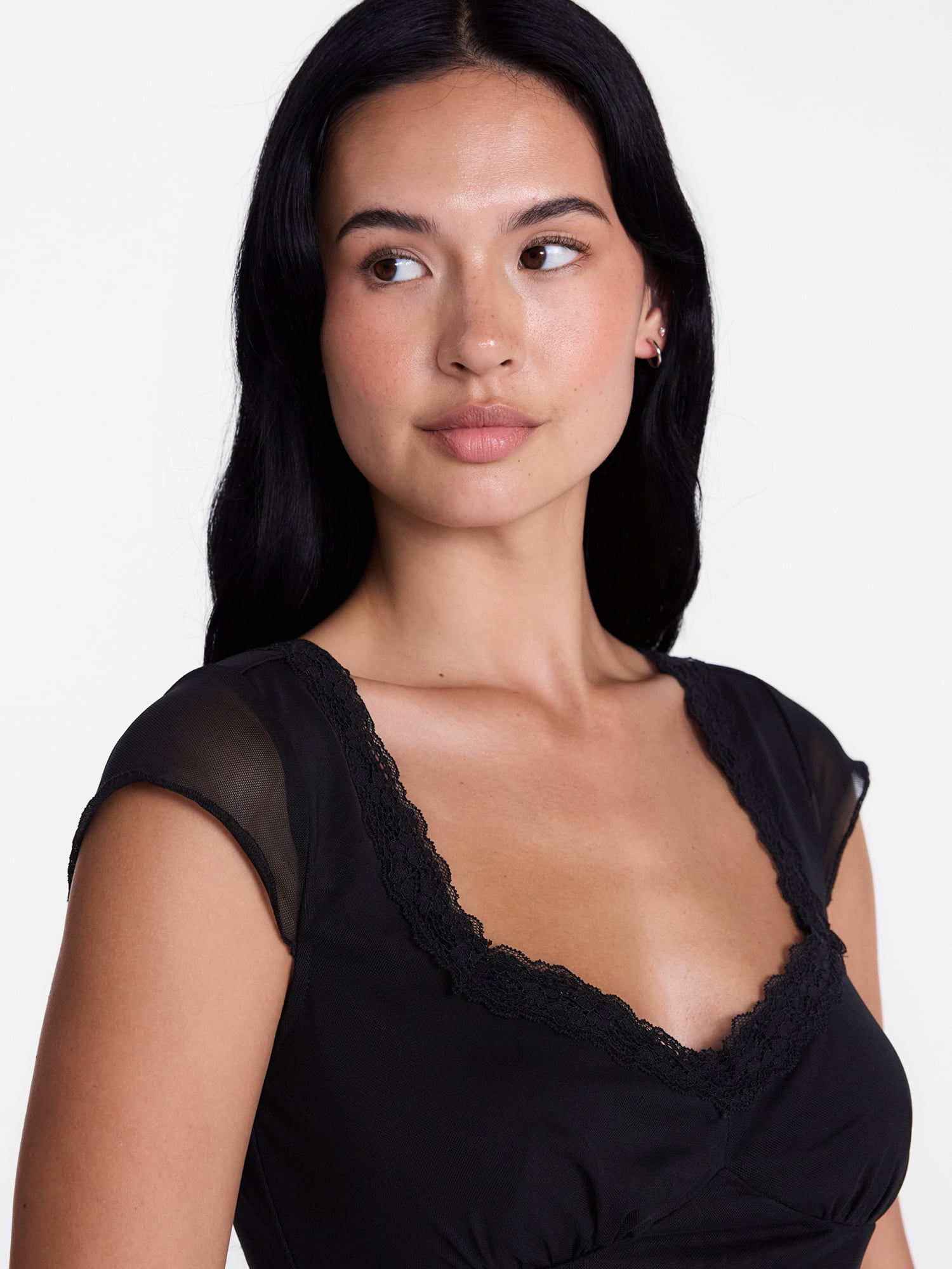Madden NYC Women’s Asymmetrical Lace Top with Cap Sleeves, Sizes XXS-XXL