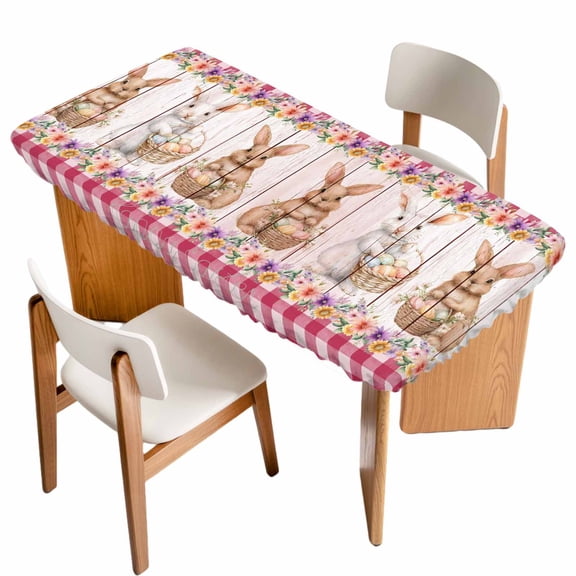 Easter Bunny Eggs Table Cloths for 6 Foot Rectangle Tables, Spring Wildflowers Plants Pink Farm Plaid Patio Waterproof Elastic Fitted Tablecloths, Washable Rectangular Table Cover for Camping