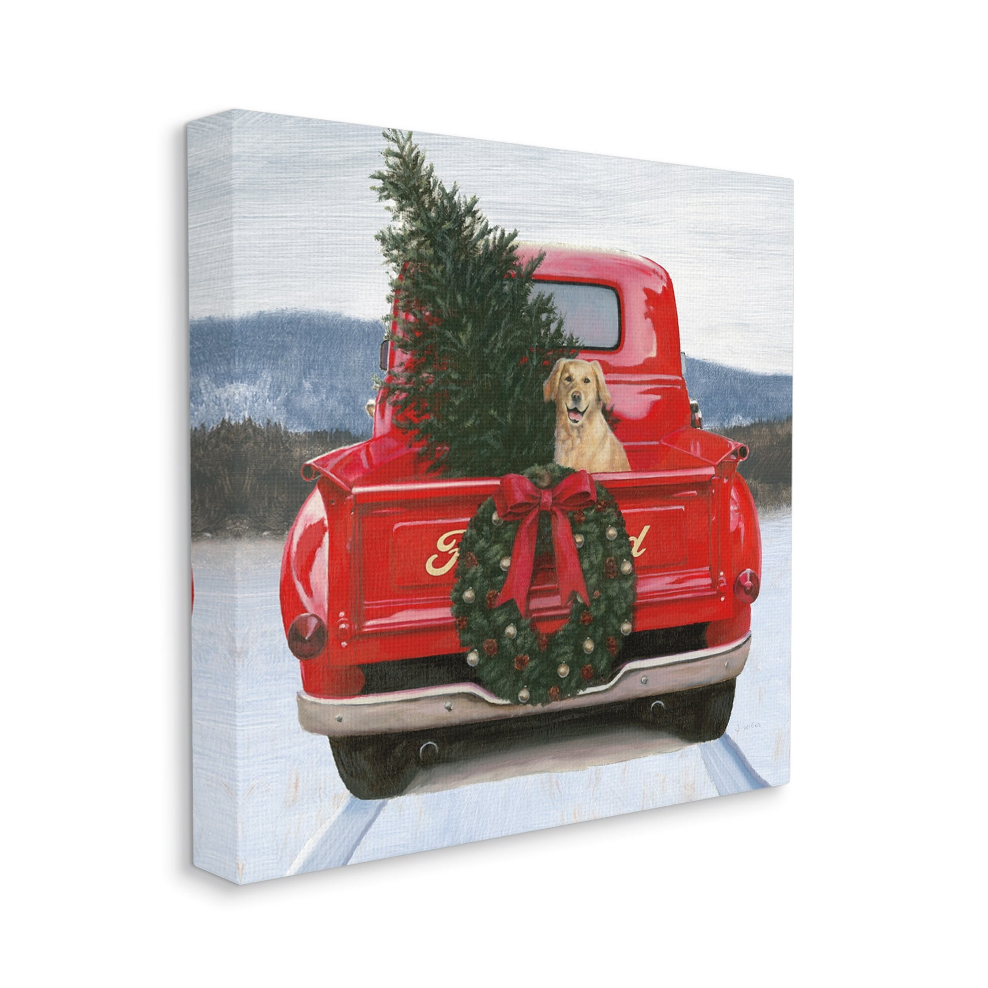 Christmas Tree & Dog Red Truck Driving Snowy Scene Botanical & Floral Painting Gallery-Wrapped Canvas Print Wall Art