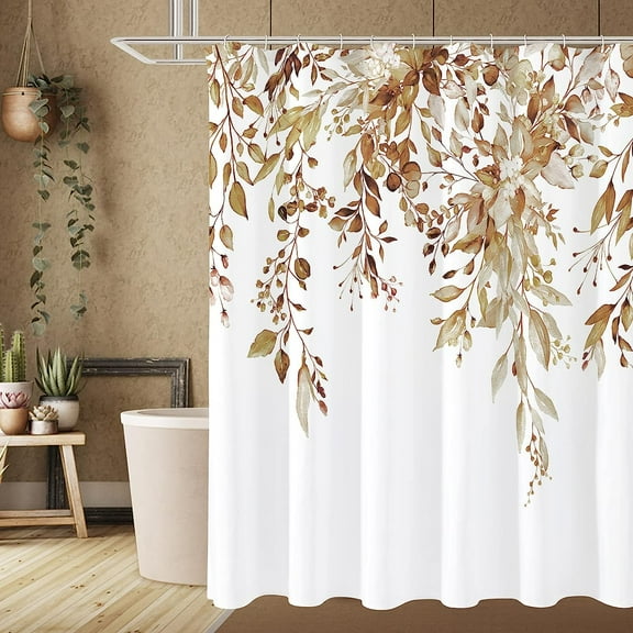 Brown Eucalyptus Shower Curtain, Watercolor Plant Leaves with Floral Bathroom Shower Curtain Set with Hooks, 72x72