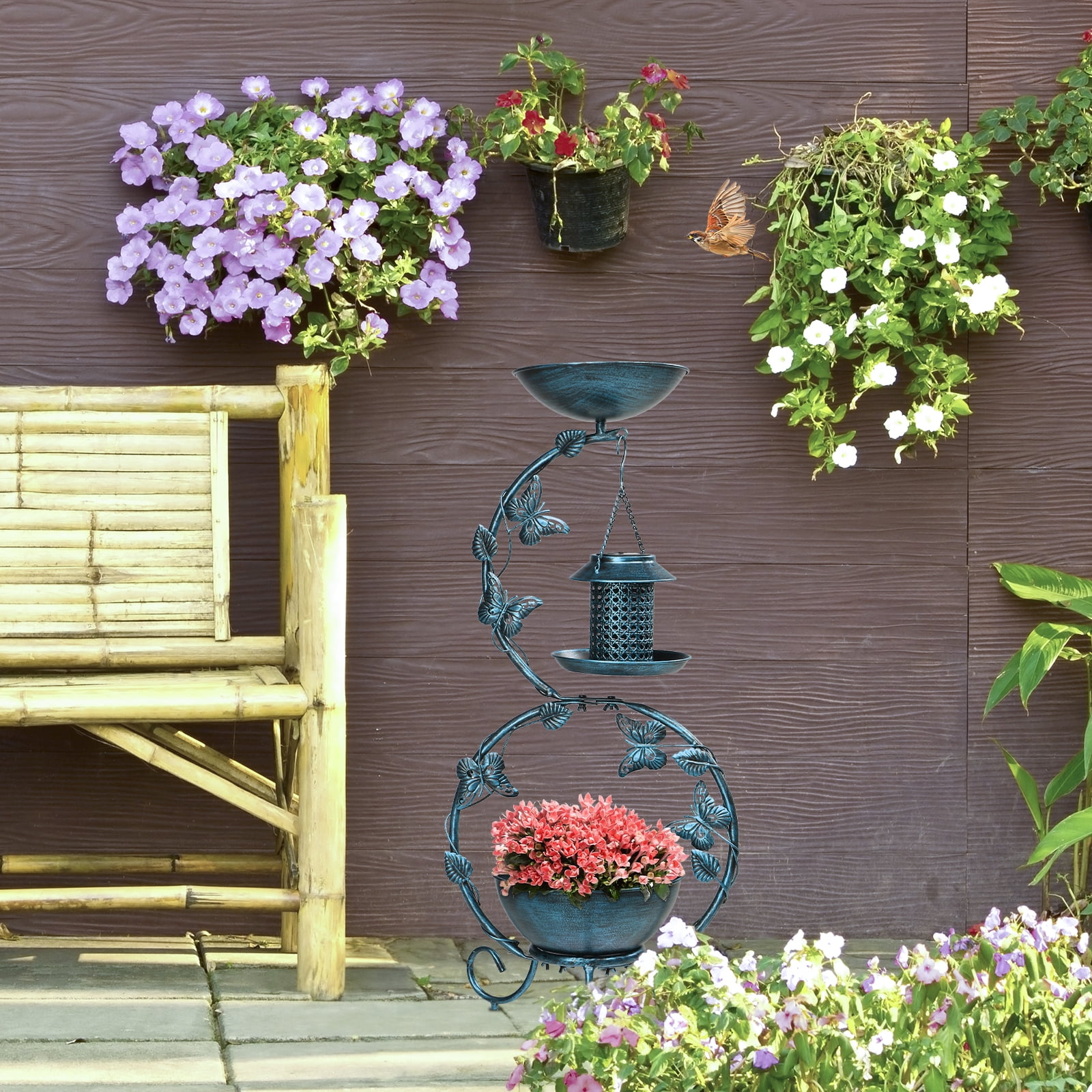 Xilee Metal Birdbath with Flower Planter Pedestal and Solar Bird Feeders Combo for Outdoor,37.8 inch  Metal Bird Baths for Outdoors, Decorative  with Butterfly for Outside Garden Yard, Weather Resist