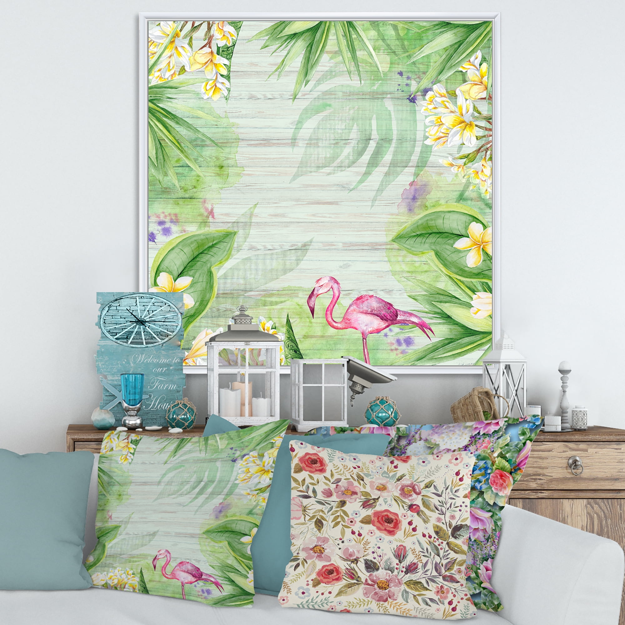 Designart 'Yellow Flowers, Tropical Foliage With Flamingo I' Modern Framed Canvas Wall Art Print