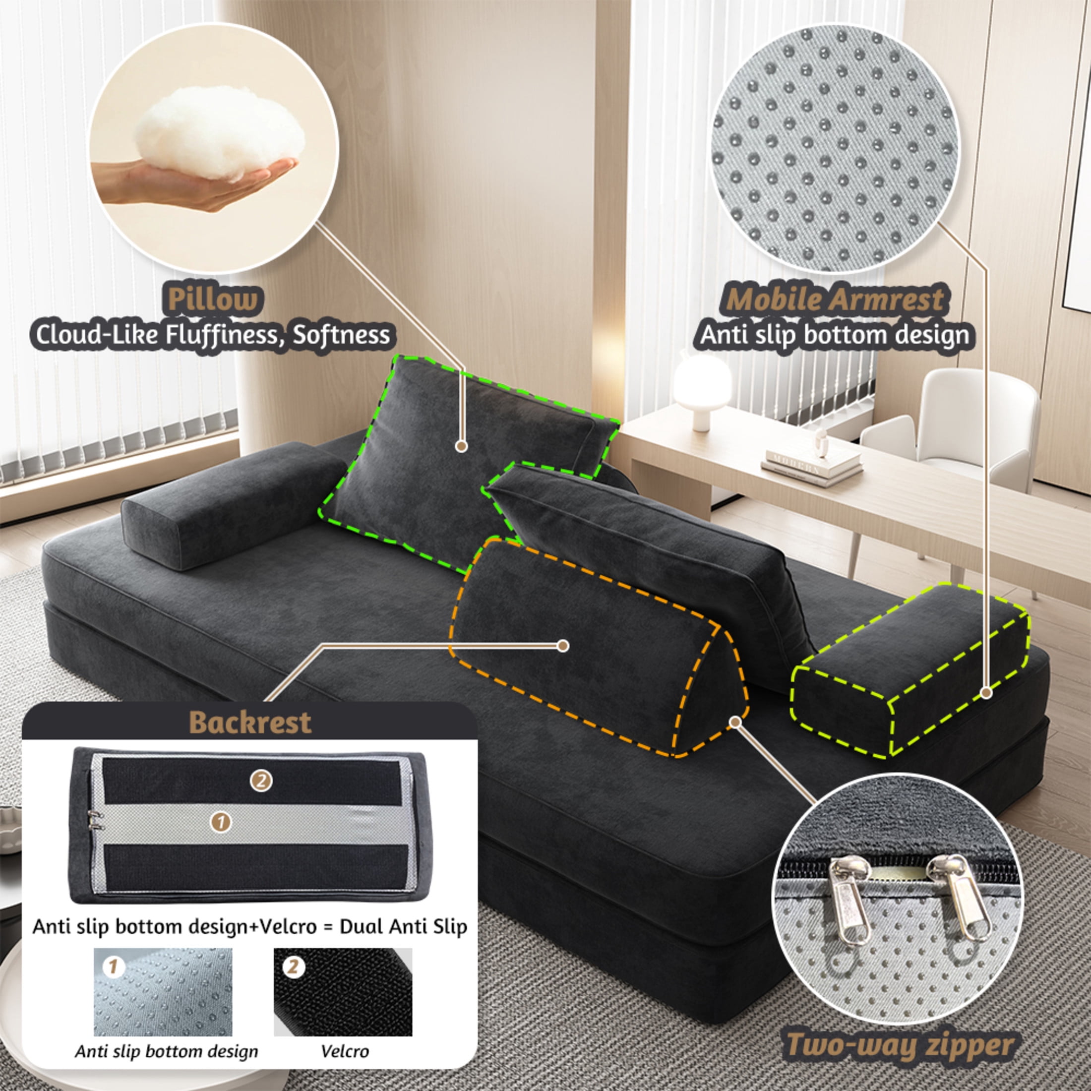 Noble House 87" Multifunctional Convertible Sofa Bed with Pillows, Fluffy Chenille Modular Floor Chaise Lounge, Dark Gray