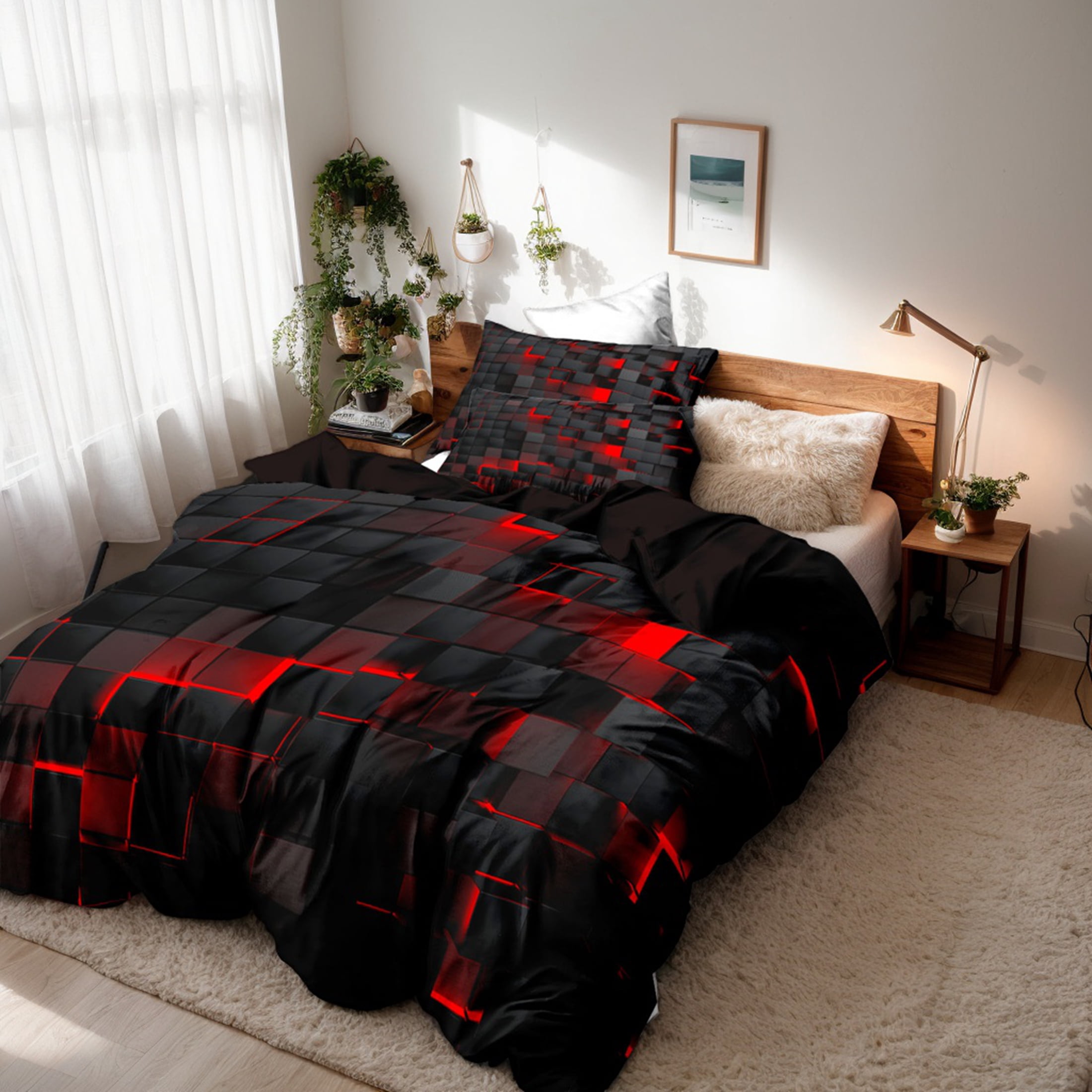 Orylavena Red Black 3D Block Microfiber Duvet Cover Set, Black Back, Twin/Full/Queen/King