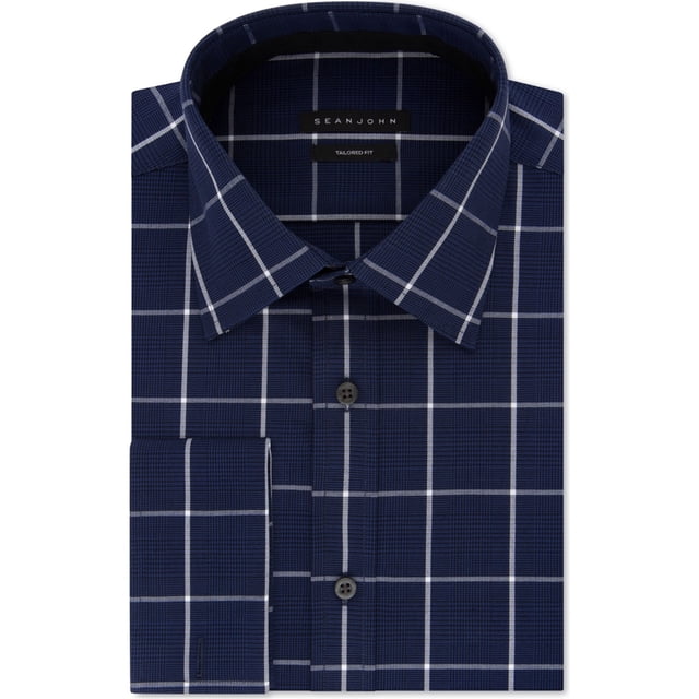 Sean John - Camisa de vestir con botones y ajuste elástico para hombre, color azul marino, 15