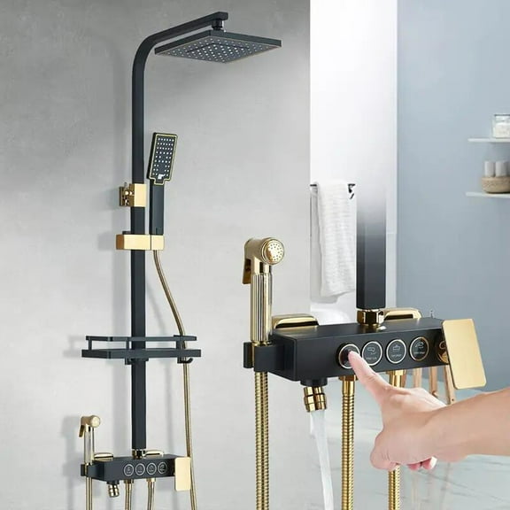 Black&Gold Shower Faucet Set 8in Rainfall Shower Head Exposed Shower System Kit
