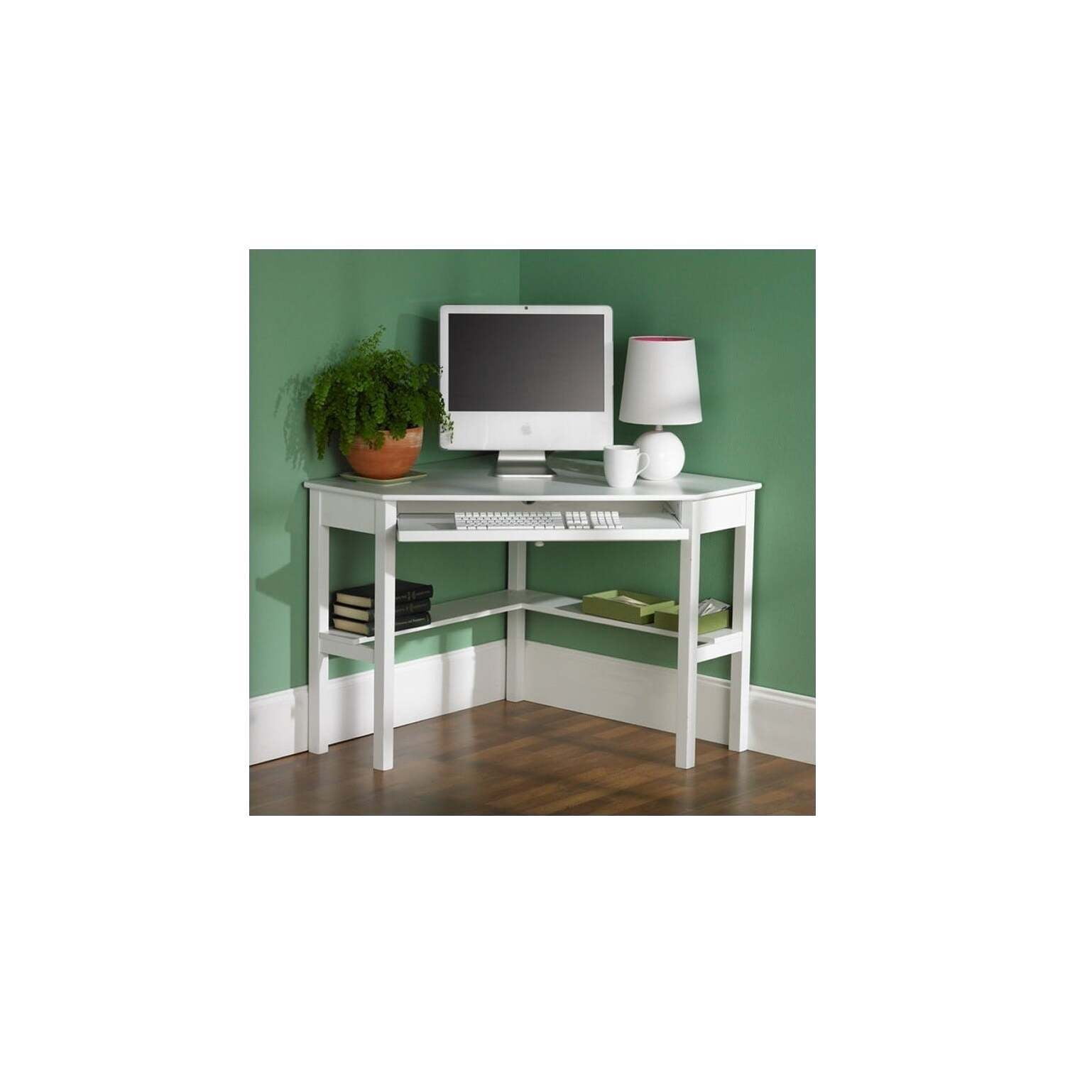 Corner Computer Desk White - Modern L-Shaped Desk with Keyboard Tray & Storage - 48" Wide