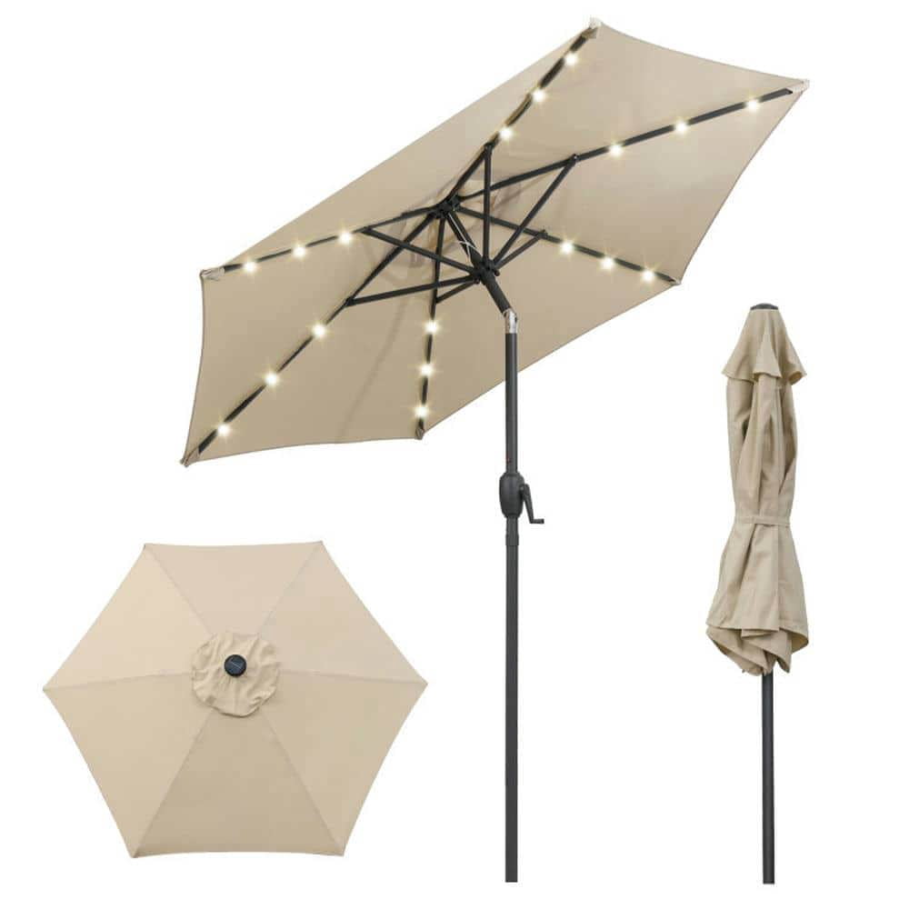 Spaco 7.5 Feet Solar Powered Patio Umbrella, Outdoor Shade with LED Lights and Crank Handle, Beige