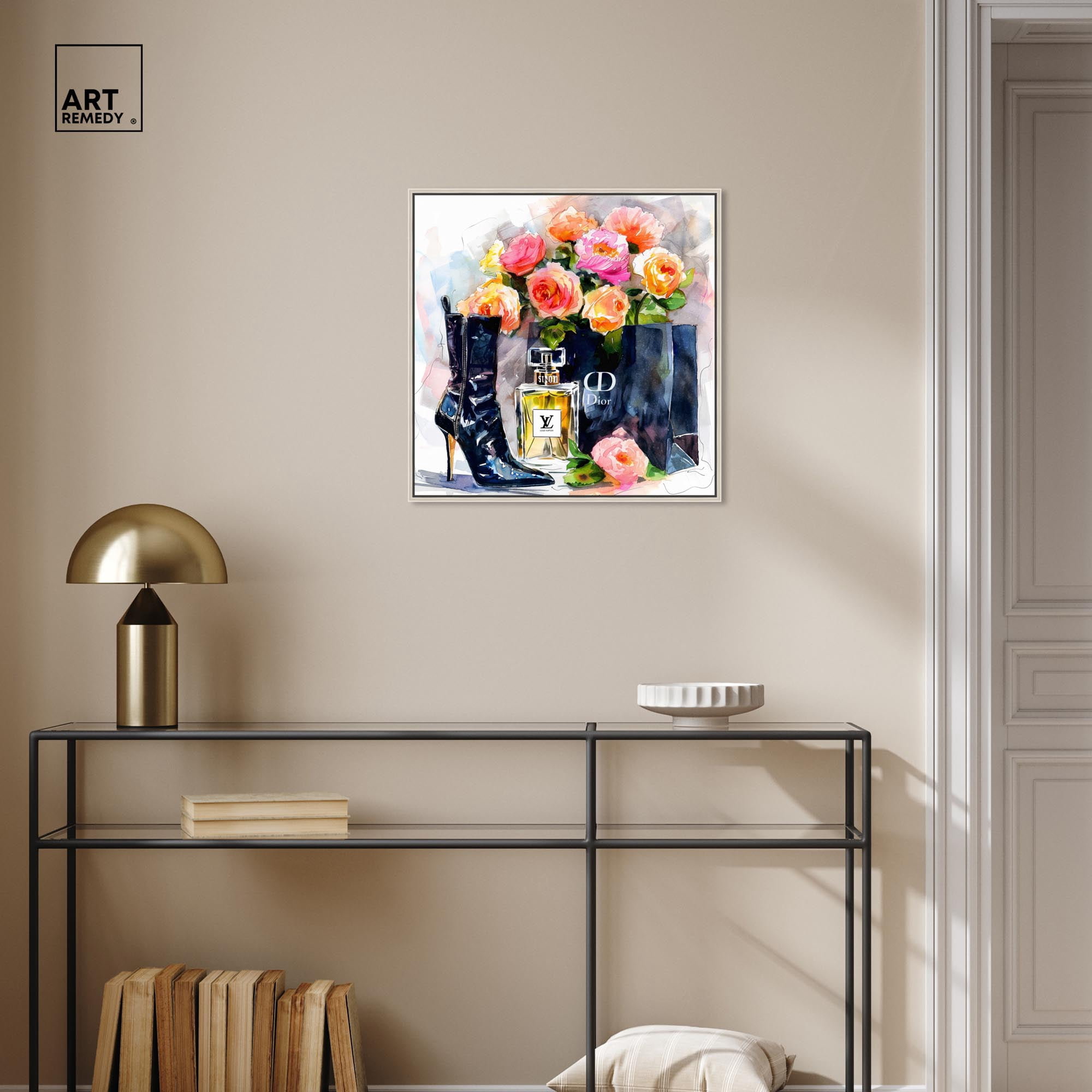 Boot with Perfume and Shopping Bag Canvas Fashion Art Prints by Art Remedy, Silver Frame, 20" x 20"