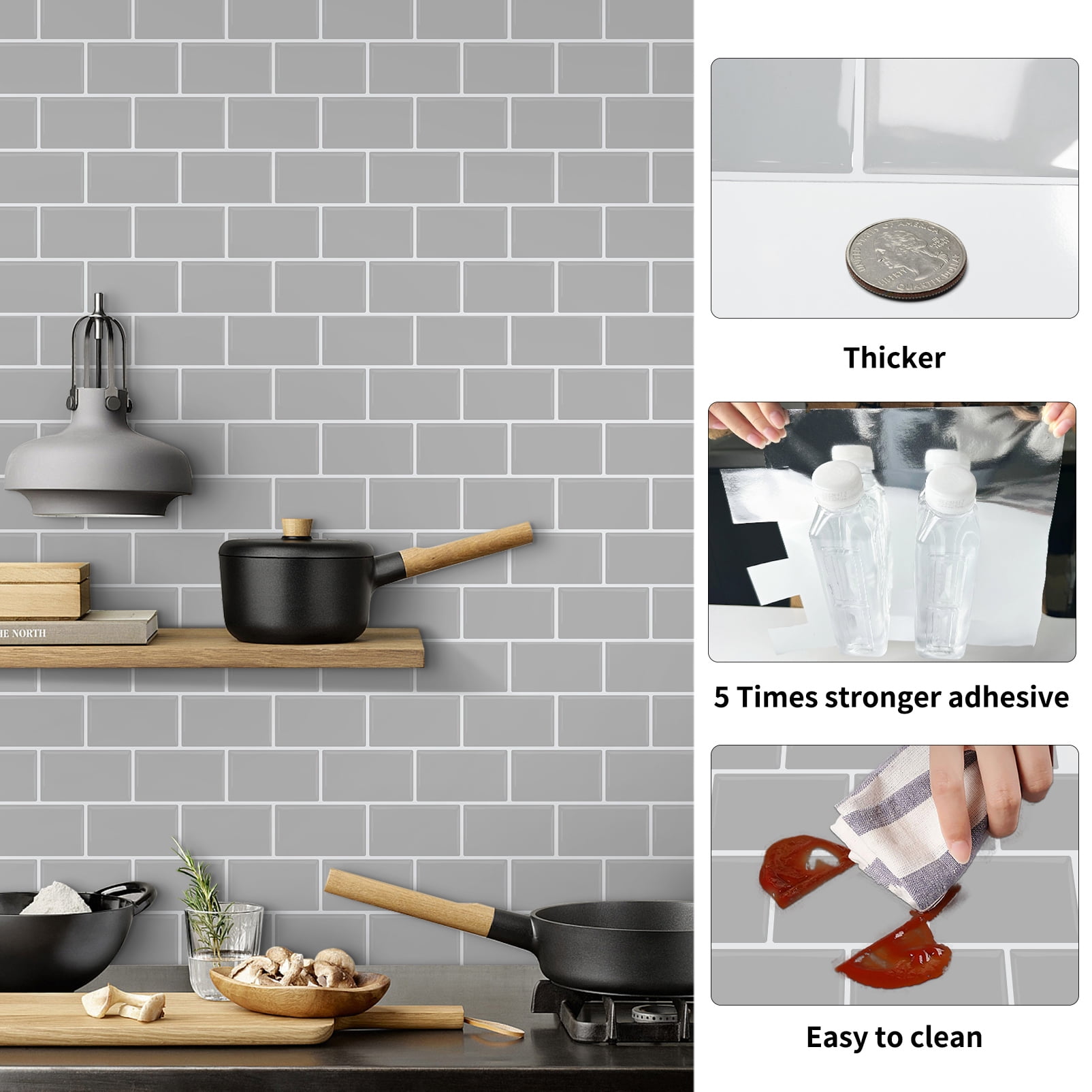 DEWOO Peel and Stick Backsplash - 10 Sheets of 12"×12" - 3D Adhesive Peel and Stick Tile Backsplash for Kitchen, Bathroom, Wall Tile, Gray