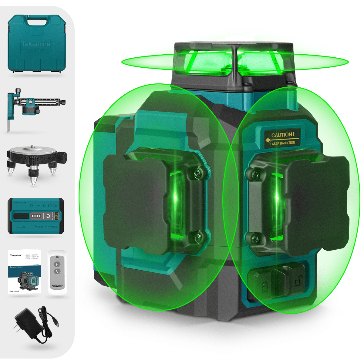 Takamine  3x360° 12 Lines Self Leveling Green Laser Level for Construction with Removable Lithium Battery, Remote Controller, Magnetic Rotating Stand and Hard Case-GM120S