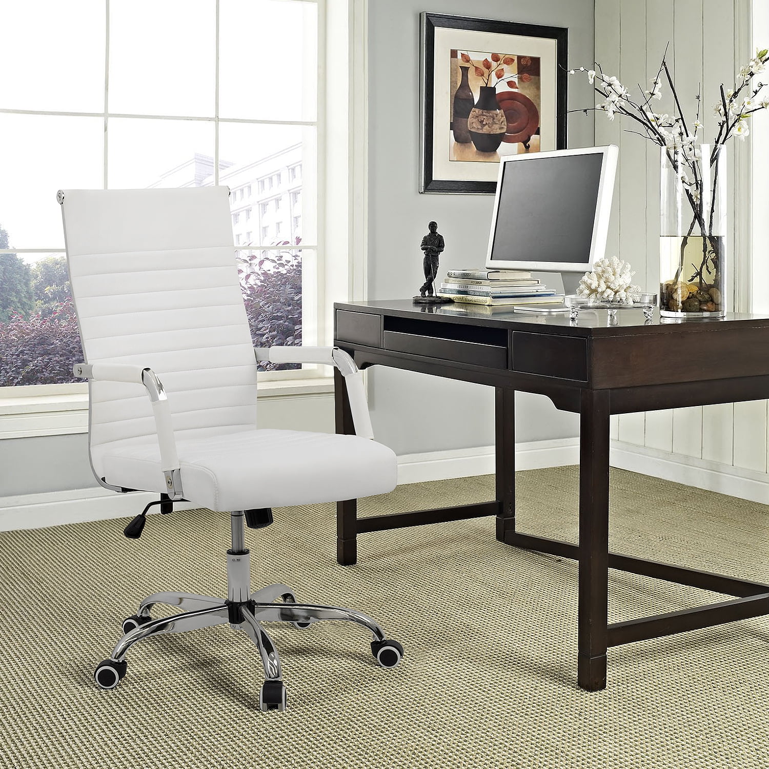 Lacoo Mid-Back Faux Leather Office Desk Chair Executive Conference Task Chair with Arms, White