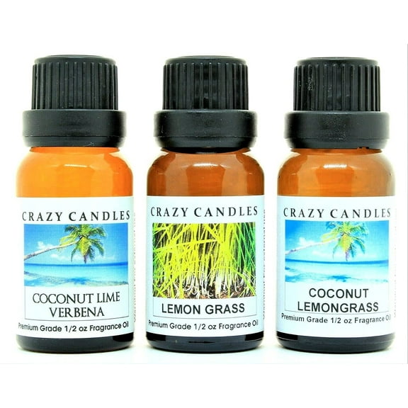 Crazy Candles 3 Bottles Set 1 Coconut Lemongrass, 1 Coconut Lime Verbena, 1 Sweet Grass, 1/2 Fl Oz Each (15ml) Premium Grade Scented Fragrance Oils