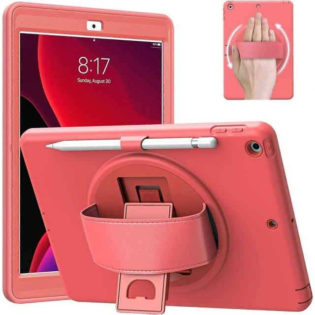 iPad 9th Generation Case 2021, iPad 7th/8th Generation Case 2019/2020, iPad 10.2 Case with Screen Protector Hand Strap Kickstand Pencil Holder-Pink