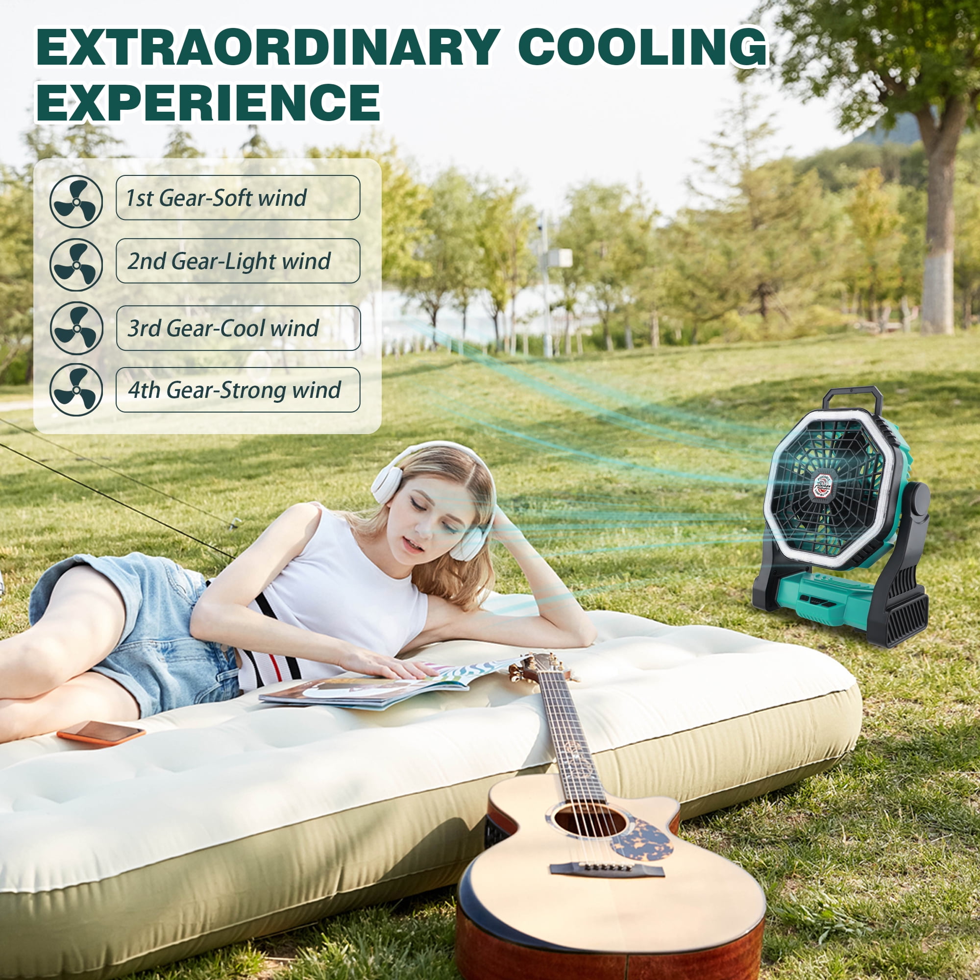 Roykaw Portable Fan for Travel, 10400 mAH Rechargeable Camping Fan, Cordless Battery Powered Fan with Led Light, Battery Fan with Handle, Hang Hook for Tent, Fishing, Hurricane Fan for Bedroom, Green