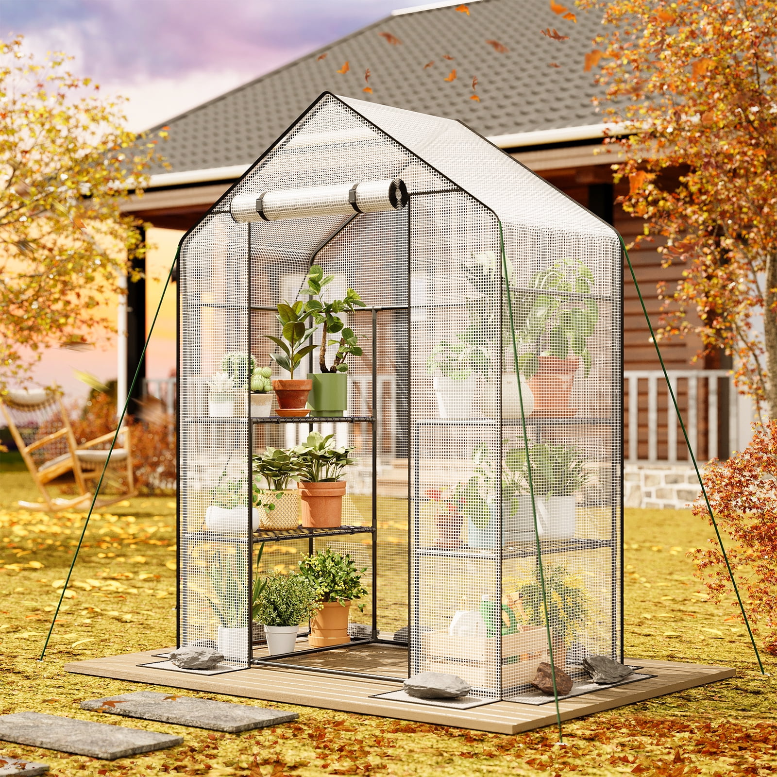 TOMNK Greenhouse, 57 x 28 x 76'' Greenhouses for Outdoors, Portable Greenhouse Kit with Mesh Side Windows, PE Cover, 4 Shelves, Heavy Duty Walk in White House for Backyard Garden Indoor Outside