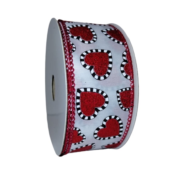 Valentine Dashed Edge Glitter Heart Wired Ribbon