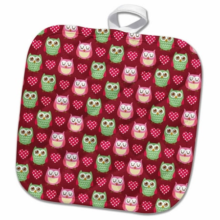 

3dRose Cute GreenANd Pink Owls With Polka Dot Hearts For Valentines Day Or Owl Lovers - Pot Holder 8 by 8-inch