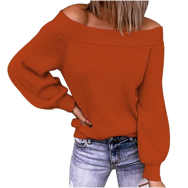 Suéteres Con Hombros Descubiertos Para Mujer, Suéter de Punto, Camisetas de Manga Larga de Color Sólido A La Moda Odeerbi ODB185114