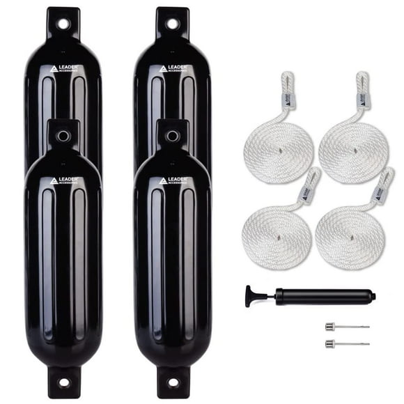 Leader Accessories Ribbed Twin Eyes Black 5.5''x20'' Boat Fender Pack of 4 Includes 3/8'' Fender Lines Pack of 4 and Pump to Inflate